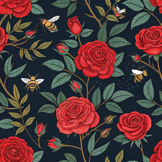 Red Roses and Bees Pattern 17 Quilting Cotton Fabric