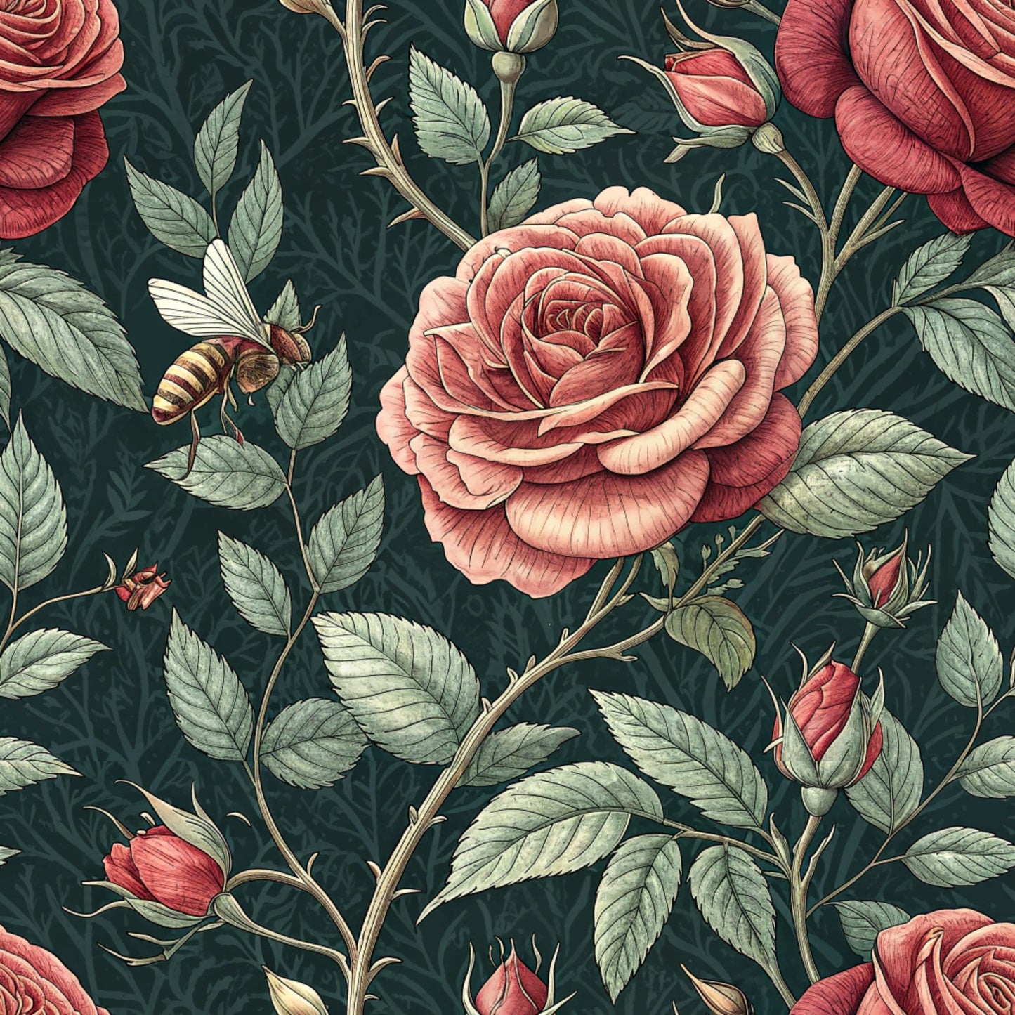 Red Roses and Bees Pattern 2 Quilting Cotton Fabric