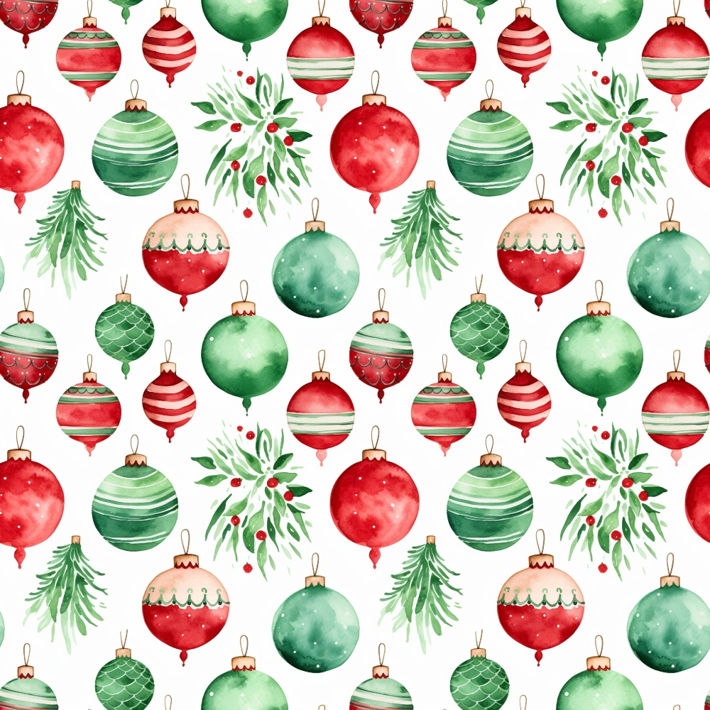 red, green, white, watercolor, christmas ornaments, baubles, holly leaves, berries, pine branches, festive pattern, seamless repeat, holiday decor, winter theme, quilting cotton, fabric panel, watercolor style, christmas decorations, ornament collection, seasonal motifs, striped ornaments