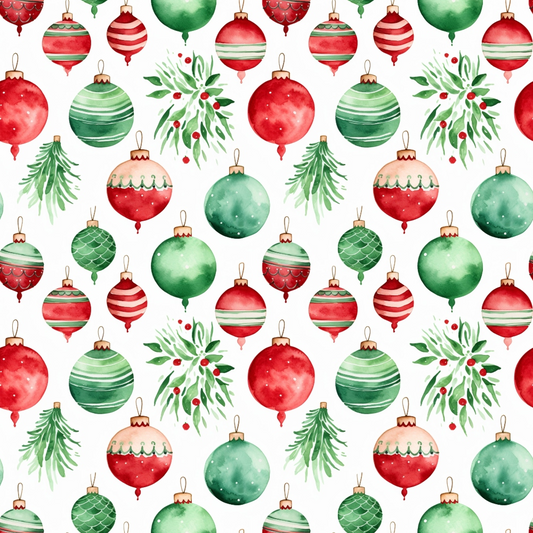 red, green, white, watercolor, christmas ornaments, baubles, holly leaves, berries, pine branches, festive pattern, seamless repeat, holiday decor, winter theme, quilting cotton, fabric panel, watercolor style, christmas decorations, ornament collection, seasonal motifs, striped ornaments
