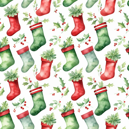 Illustrated pattern of red and green Christmas stockings with holly leaves and berries, featuring some with green plants.