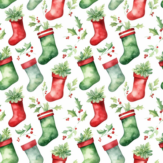 Illustrated pattern of red and green Christmas stockings with holly leaves and berries, featuring some with green plants.