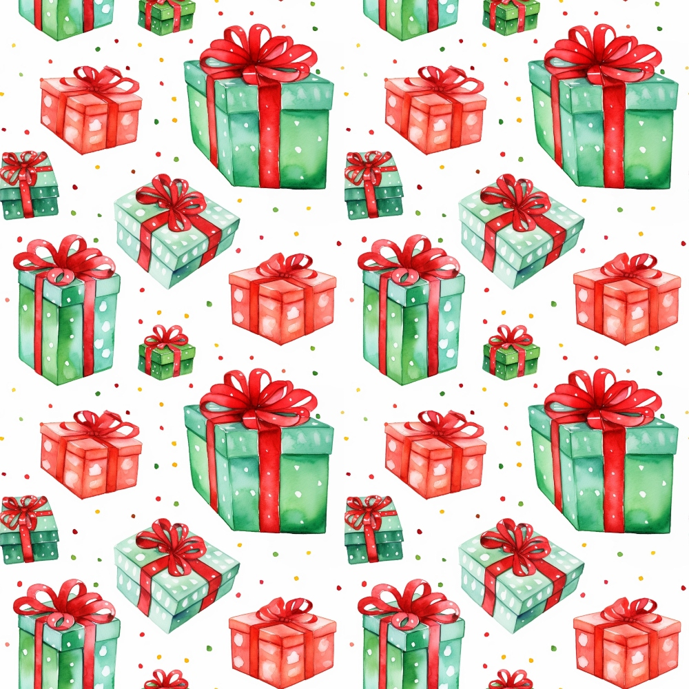 red, green, watercolor, christmas gifts, present boxes, ribbon bows, polka dots, festive pattern, holiday theme, quilting cotton, fabric panel, gift wrapping, scattered design, christmas decor, seasonal motifs, winter celebration, crafting material, sewing fabric, repeating pattern, holiday crafts