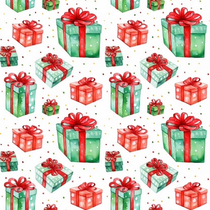 red, green, watercolor, christmas gifts, present boxes, ribbon bows, polka dots, festive pattern, holiday theme, quilting cotton, fabric panel, gift wrapping, scattered design, christmas decor, seasonal motifs, winter celebration, crafting material, sewing fabric, repeating pattern, holiday crafts