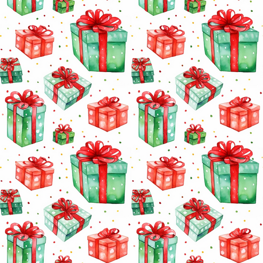 red, green, watercolor, christmas gifts, present boxes, ribbon bows, polka dots, festive pattern, holiday theme, quilting cotton, fabric panel, gift wrapping, scattered design, christmas decor, seasonal motifs, winter celebration, crafting material, sewing fabric, repeating pattern, holiday crafts