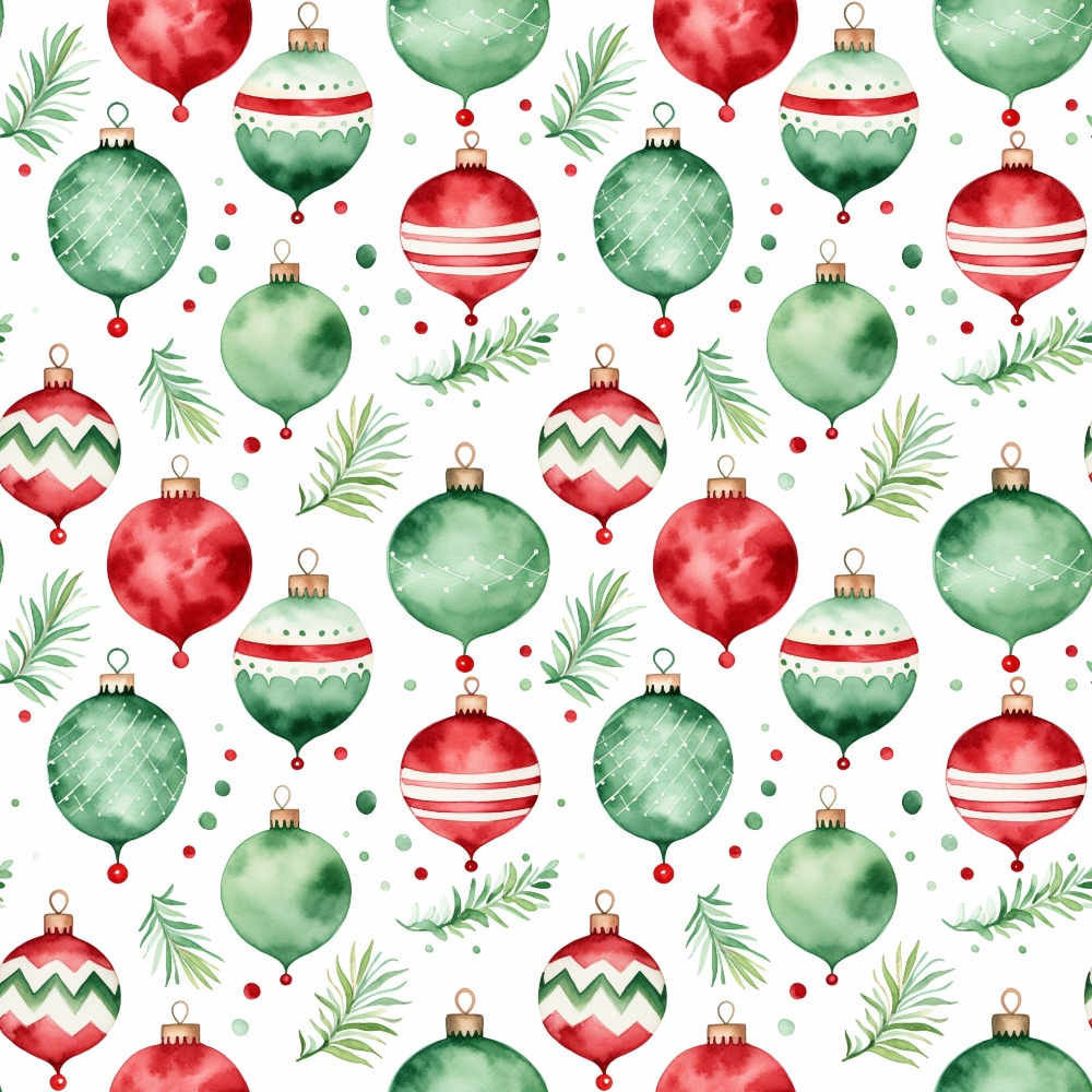 red, green, watercolor, christmas ornaments, baubles, pine branches, evergreen sprigs, festive pattern, holiday motif, quilting cotton, fabric panel, seamless repeat, christmas decorations, spherical ornaments, geometric patterns, striped ornaments, chevron design, winter theme, holiday crafting, cotton fabric