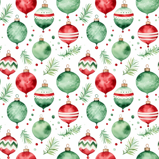 Pattern of red and green Christmas ornaments with pine branches and small dots on a light background.