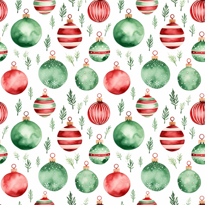 red, green, watercolor, christmas ornaments, baubles, pine sprigs, evergreen branches, holiday pattern, festive design, repeating motif, striped ornaments, polka dot ornaments, snowflake details, quilting cotton, fabric panel, christmas fabric, winter theme, seamless pattern, decorative balls, seasonal motifs