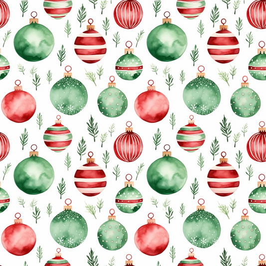 Pattern of watercolor red and green Christmas ornaments and sprigs of pine on a white background.