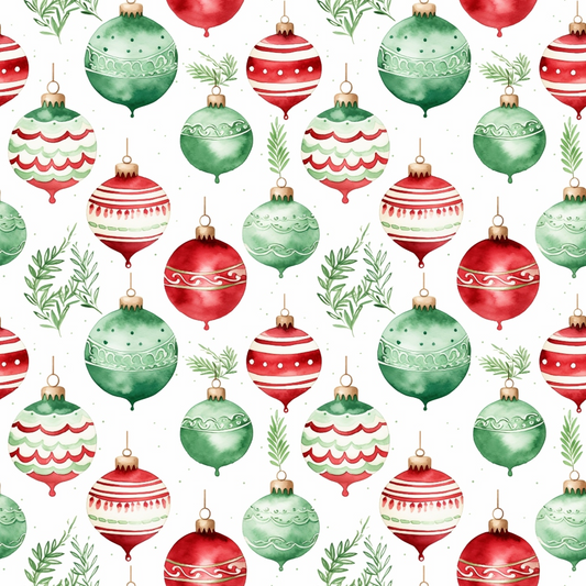 Pattern of red and green Christmas ornaments with varying designs, interspersed with green sprigs, on a white background.