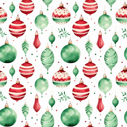 Pattern of various red and green Christmas ornaments and leaves on a white background.