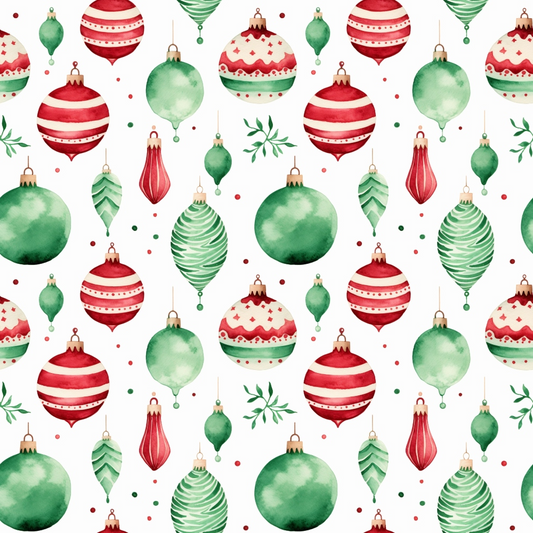 Pattern of various red and green Christmas ornaments and leaves on a white background.