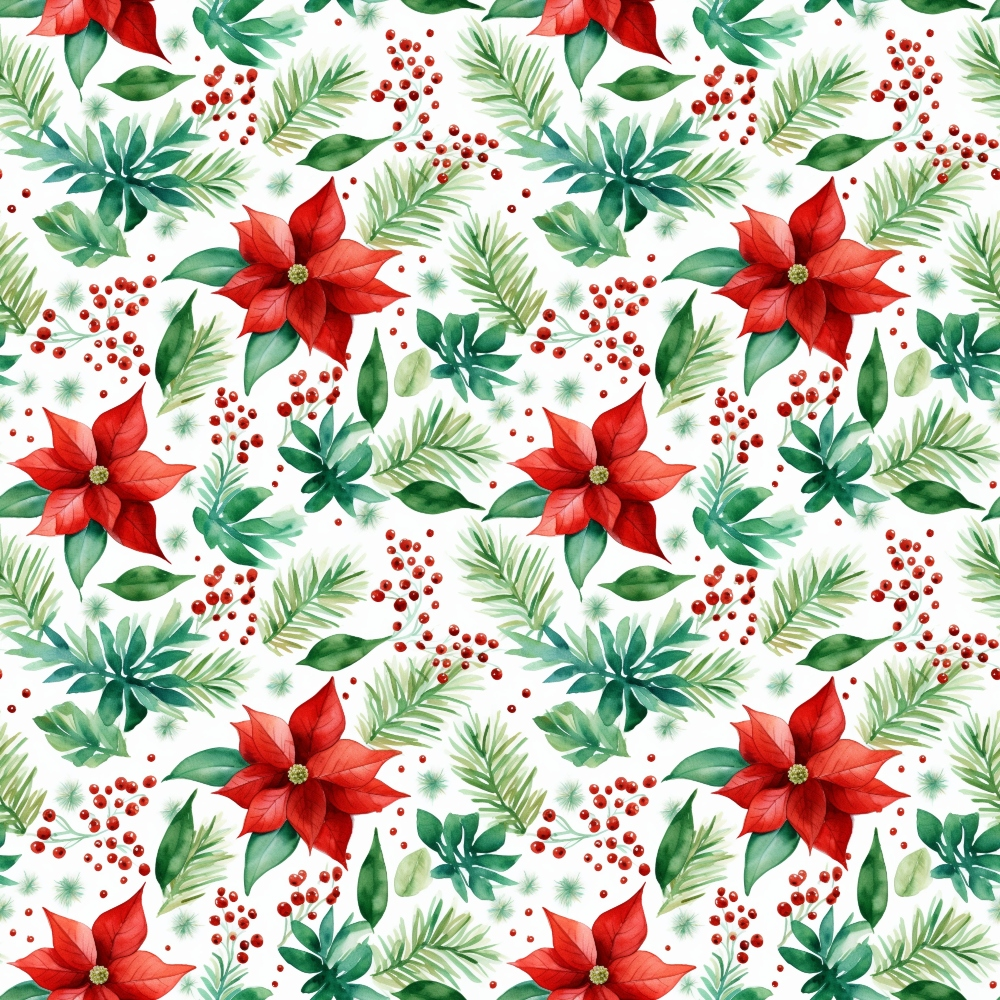 red, green, white, watercolor, christmas, poinsettia, botanical, floral, berries, pine needles, evergreen, leaves, holiday pattern, seamless repeat, quilting cotton, fabric panel, festive, winter florals, nature motifs, painterly style