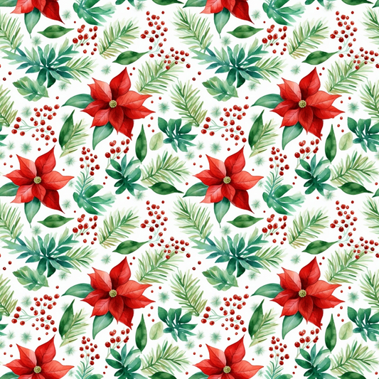 red, green, white, watercolor, christmas, poinsettia, botanical, floral, berries, pine needles, evergreen, leaves, holiday pattern, seamless repeat, quilting cotton, fabric panel, festive, winter florals, nature motifs, painterly style