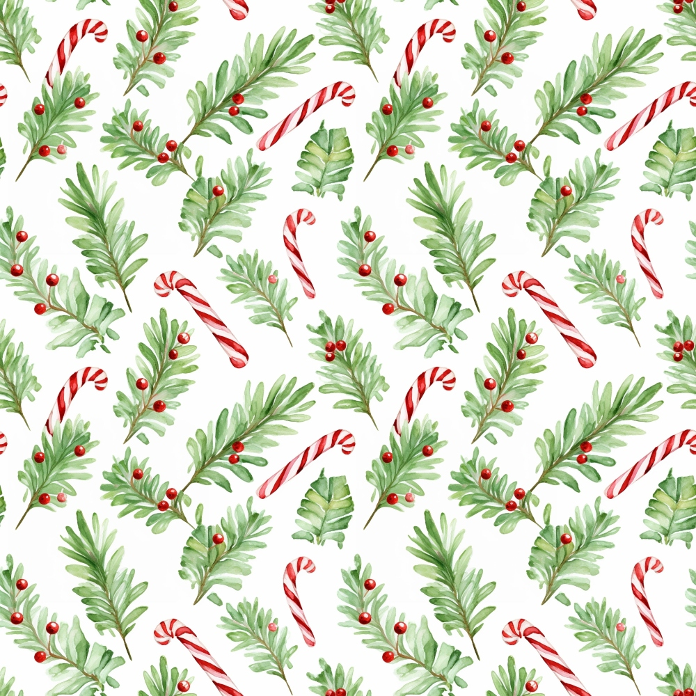 Pattern of green holly leaves with red berries and red-and-white striped candy canes on a white background.