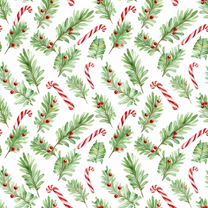 Pattern of green holly leaves with red berries and red-and-white striped candy canes on a white background.