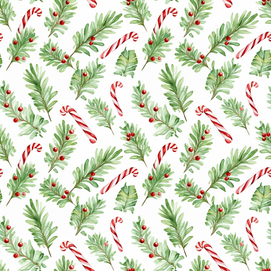Pattern of green holly leaves with red berries and red-and-white striped candy canes on a white background.