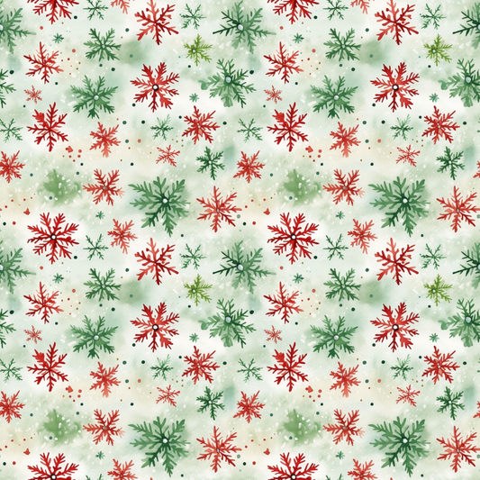 Pattern of red and green snowflakes on a white background, evenly spaced.