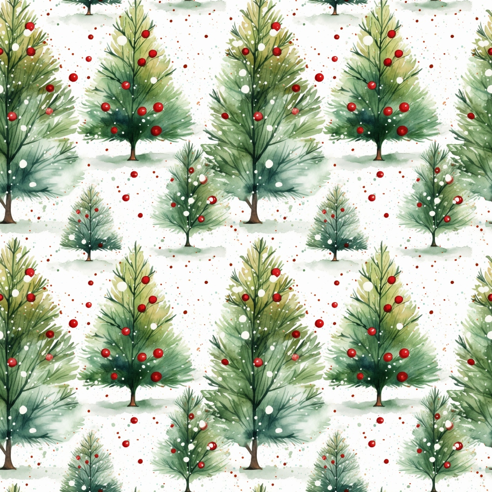 Pattern of watercolor Christmas trees with red and white ornaments on a light background.