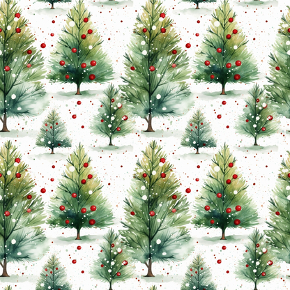 Pattern of watercolor Christmas trees with red and white ornaments on a light background.