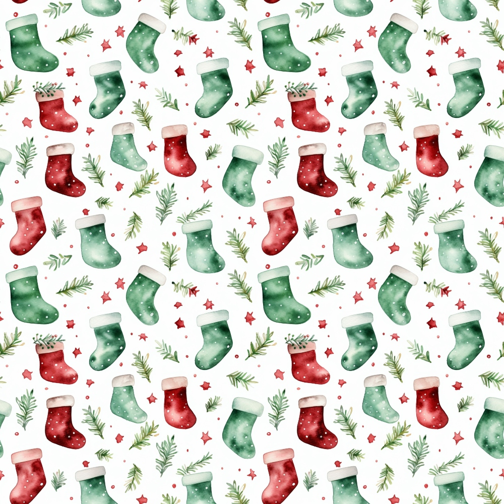 red, green, white, watercolor, christmas stockings, pine branches, evergreen sprigs, stars, polka dots, seamless pattern, holiday theme, christmas motif, quilting cotton, fabric panel, festive design, winter elements, repeating pattern, seasonal decor, craft fabric, watercolor style