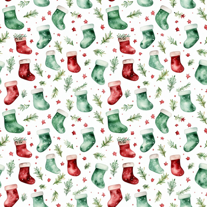 red, green, white, watercolor, christmas stockings, pine branches, evergreen sprigs, stars, polka dots, seamless pattern, holiday theme, christmas motif, quilting cotton, fabric panel, festive design, winter elements, repeating pattern, seasonal decor, craft fabric, watercolor style