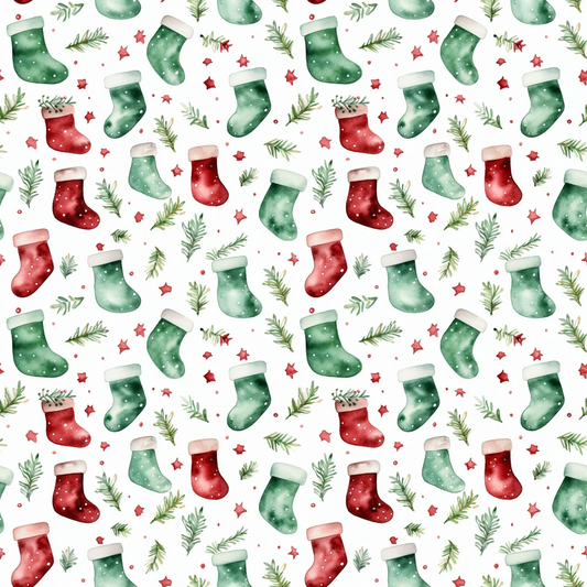 red, green, white, watercolor, christmas stockings, pine branches, evergreen sprigs, stars, polka dots, seamless pattern, holiday theme, christmas motif, quilting cotton, fabric panel, festive design, winter elements, repeating pattern, seasonal decor, craft fabric, watercolor style