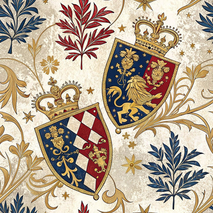 Two ornate heraldic shields with crowns are displayed among gold, blue, and red floral designs. One shield features a lion and fleurs-de-lis; the other has a lion and a checkered pattern, both in gold, blue, and red colors.