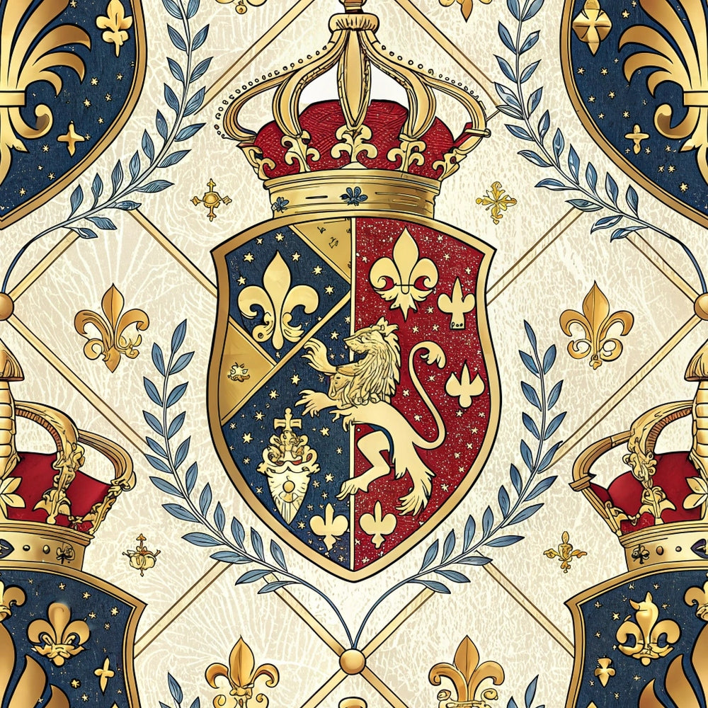 Ornate royal crest with a gold crown, fleur-de-lis symbols, and a shield divided into gold and red sections featuring a lion and a heart. Patterned background with laurel branches and repeating crowns.