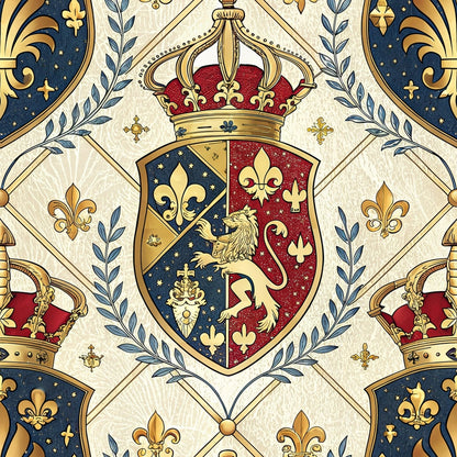 Ornate royal crest with a gold crown, fleur-de-lis symbols, and a shield divided into gold and red sections featuring a lion and a heart. Patterned background with laurel branches and repeating crowns.