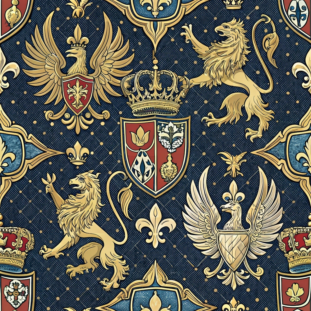 Seamless pattern featuring gold heraldic lions, eagles, crowns, fleur-de-lis, and shields on a dark blue, diamond-patterned background with gold accents.