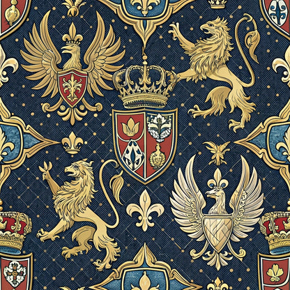 Seamless pattern featuring gold heraldic lions, eagles, crowns, fleur-de-lis, and shields on a dark blue, diamond-patterned background with gold accents.