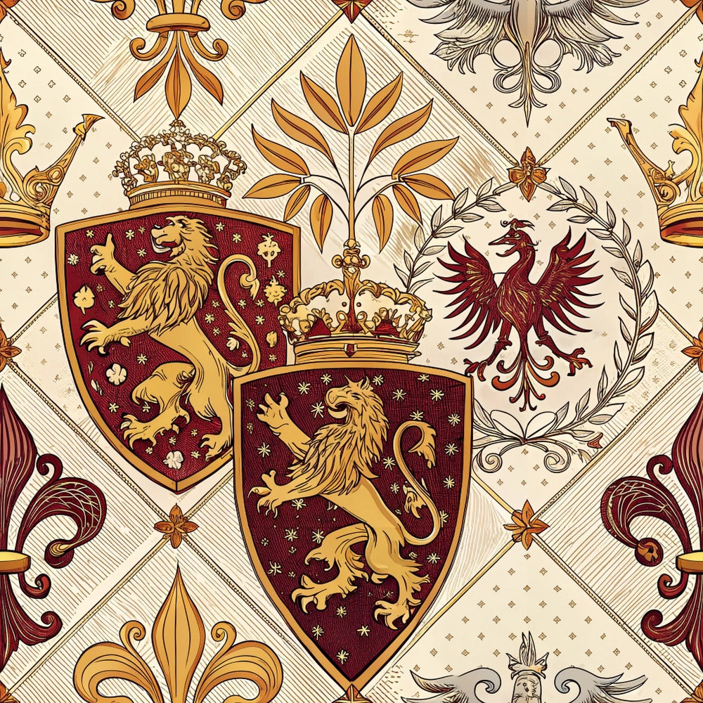 A decorative pattern featuring red and gold lion crests with crowns, a crowned eagle emblem, floral motifs, and fleur-de-lis symbols on a cream-colored background.
