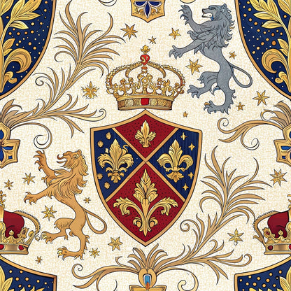 An ornate heraldic design featuring a central shield with gold fleur-de-lis on red and blue, topped by a crown. A gold lion and a gray lion stand on either side, surrounded by decorative gold flourishes and stars.