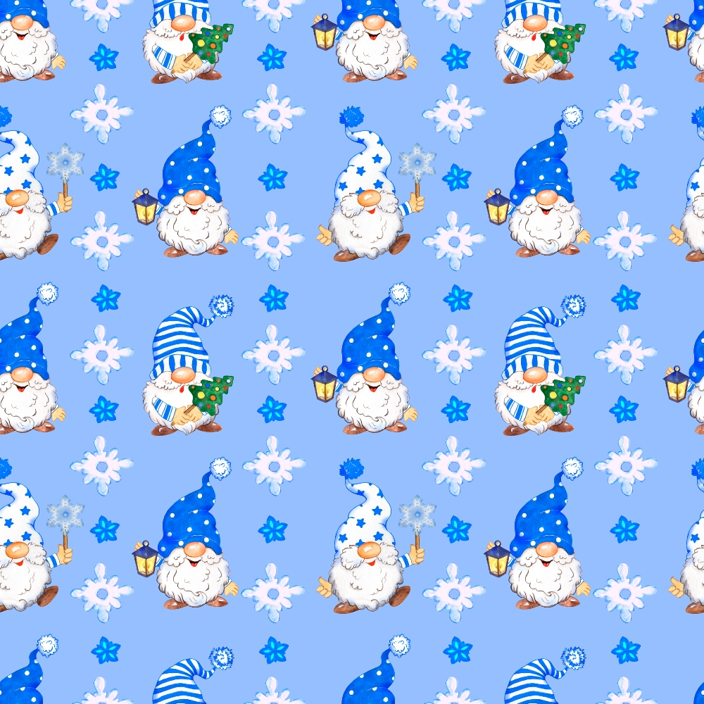 Pattern of gnomes with blue hats, some holding lanterns, others a staff or Christmas tree, surrounded by stars and flowers on a light blue background.