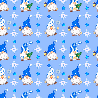 Pattern of gnomes with blue hats, some holding lanterns, others a staff or Christmas tree, surrounded by stars and flowers on a light blue background.