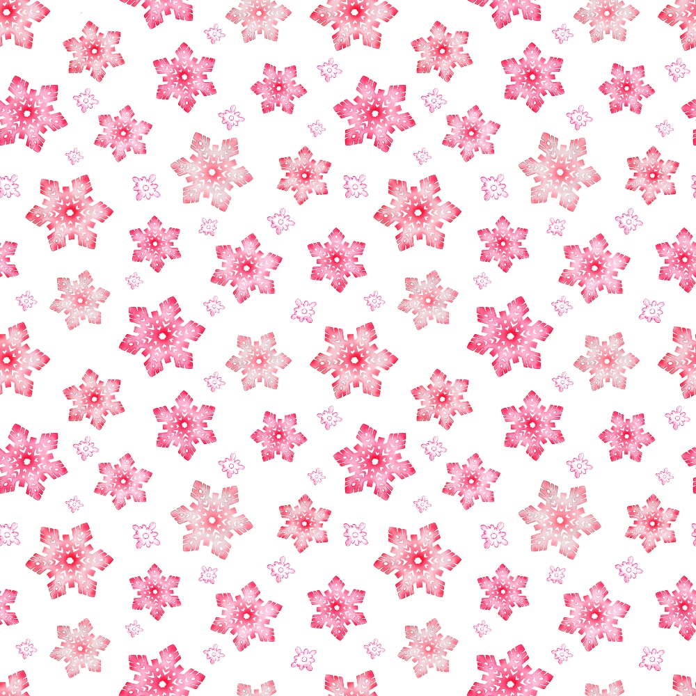 Pattern of pink and white geometric snowflakes on a white background.