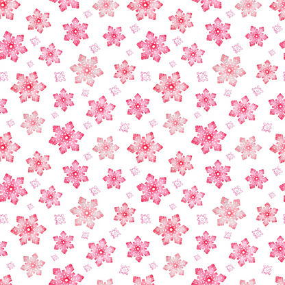 Pattern of pink and white geometric snowflakes on a white background.