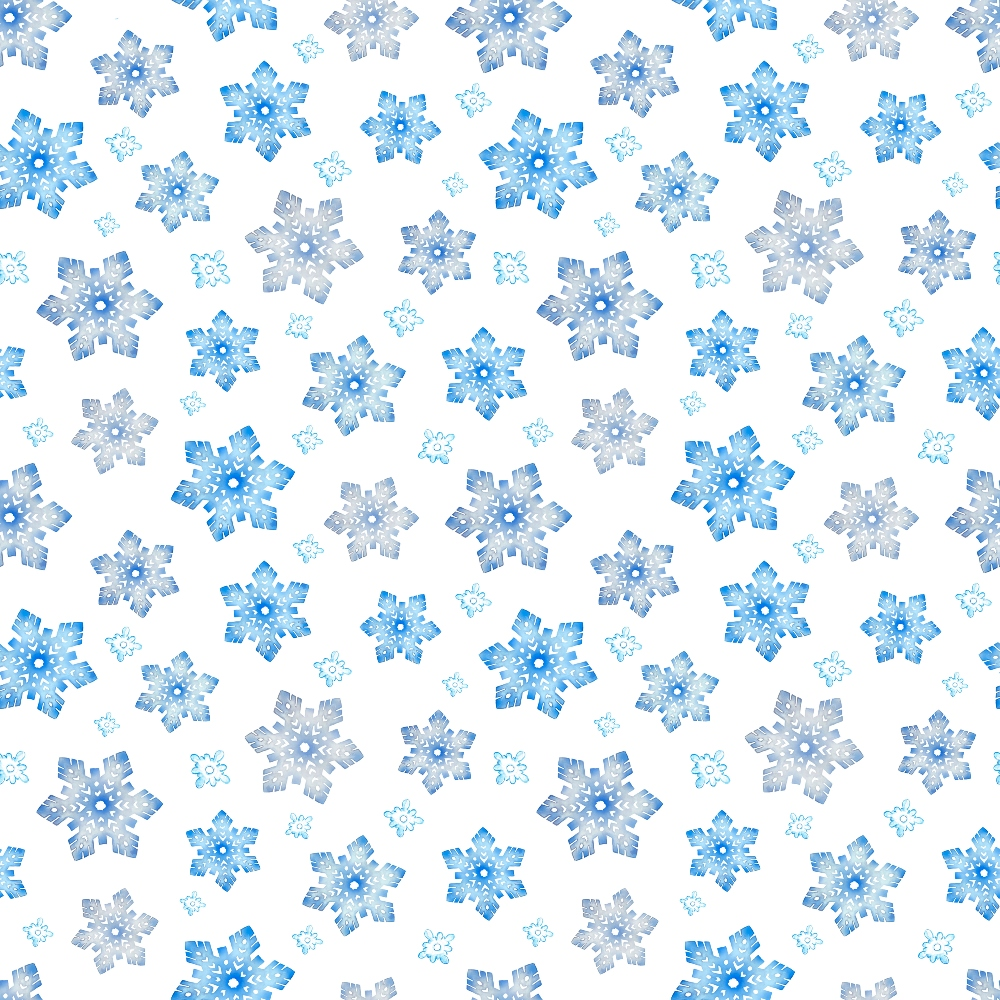 Pattern of various blue and white snowflakes on a white background.