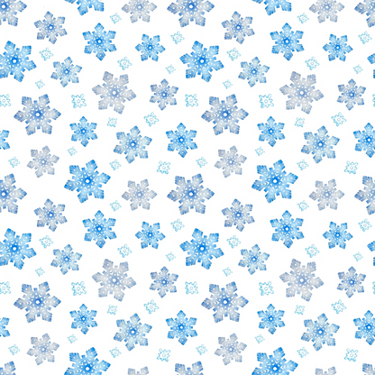 Pattern of various blue and white snowflakes on a white background.