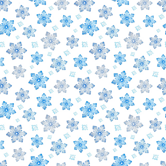 Pattern of various blue and white snowflakes on a white background.