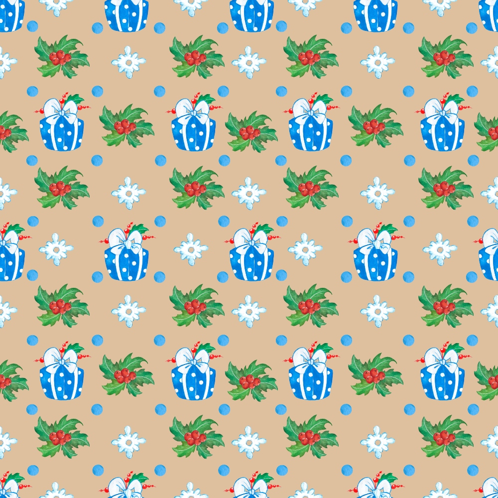 Seamless pattern with blue gift boxes, holly leaves, and snowflakes on a tan background.