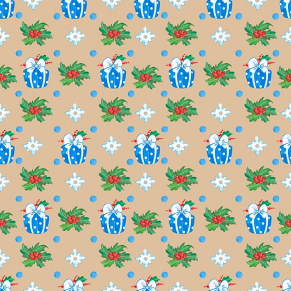 Seamless pattern with blue gift boxes, holly leaves, and snowflakes on a tan background.