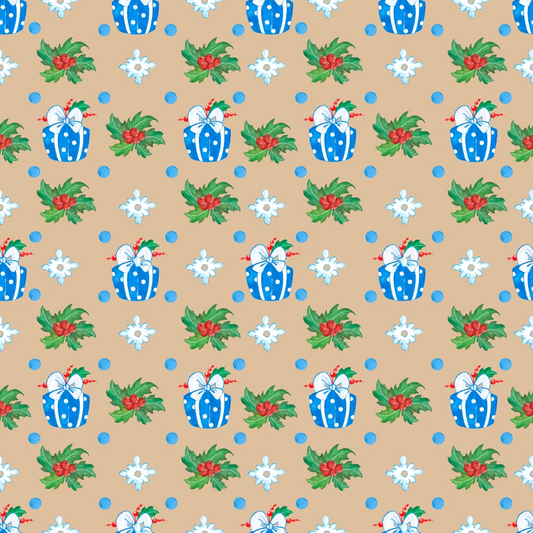 Seamless pattern with blue gift boxes, holly leaves, and snowflakes on a tan background.