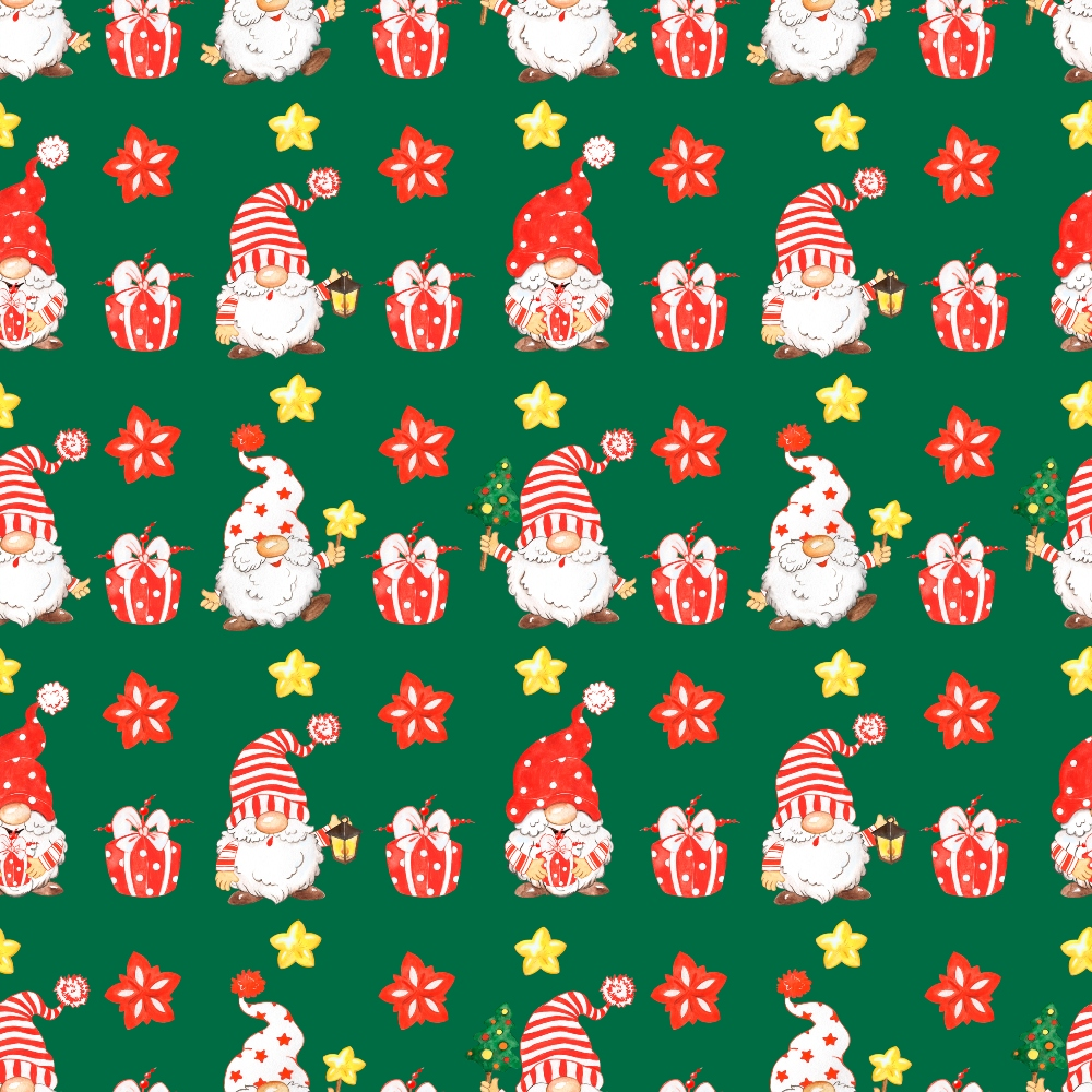 Festive pattern with gnomes in striped hats, red gifts, and star-shaped cookies on a green background.