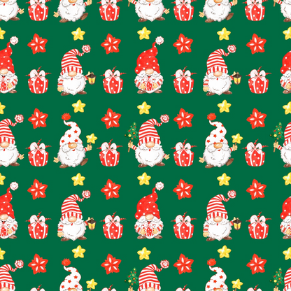 Festive pattern with gnomes in striped hats, red gifts, and star-shaped cookies on a green background.