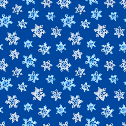 Pattern of white and blue snowflakes on a solid blue background.