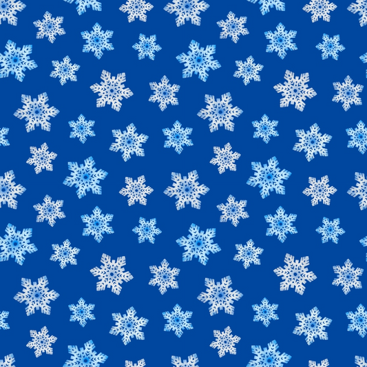 Pattern of white and blue snowflakes on a solid blue background.