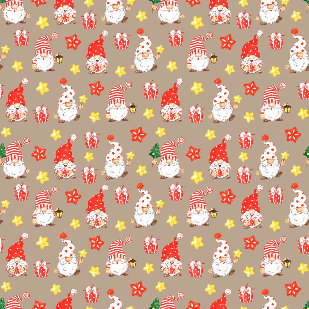 Seamless festive pattern with gnomes, striped hats, stars, gifts, and flowers on a brown background.