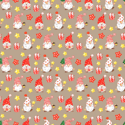 Seamless festive pattern with gnomes, striped hats, stars, gifts, and flowers on a brown background.